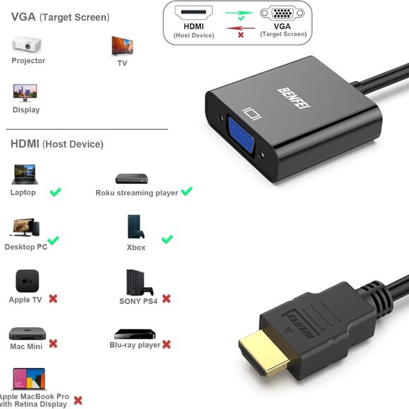 HDMI to VGA, Gold-Plated Adapter Male to Female for Computer, Desktop, Laptop, P - Picture 3 of 7
